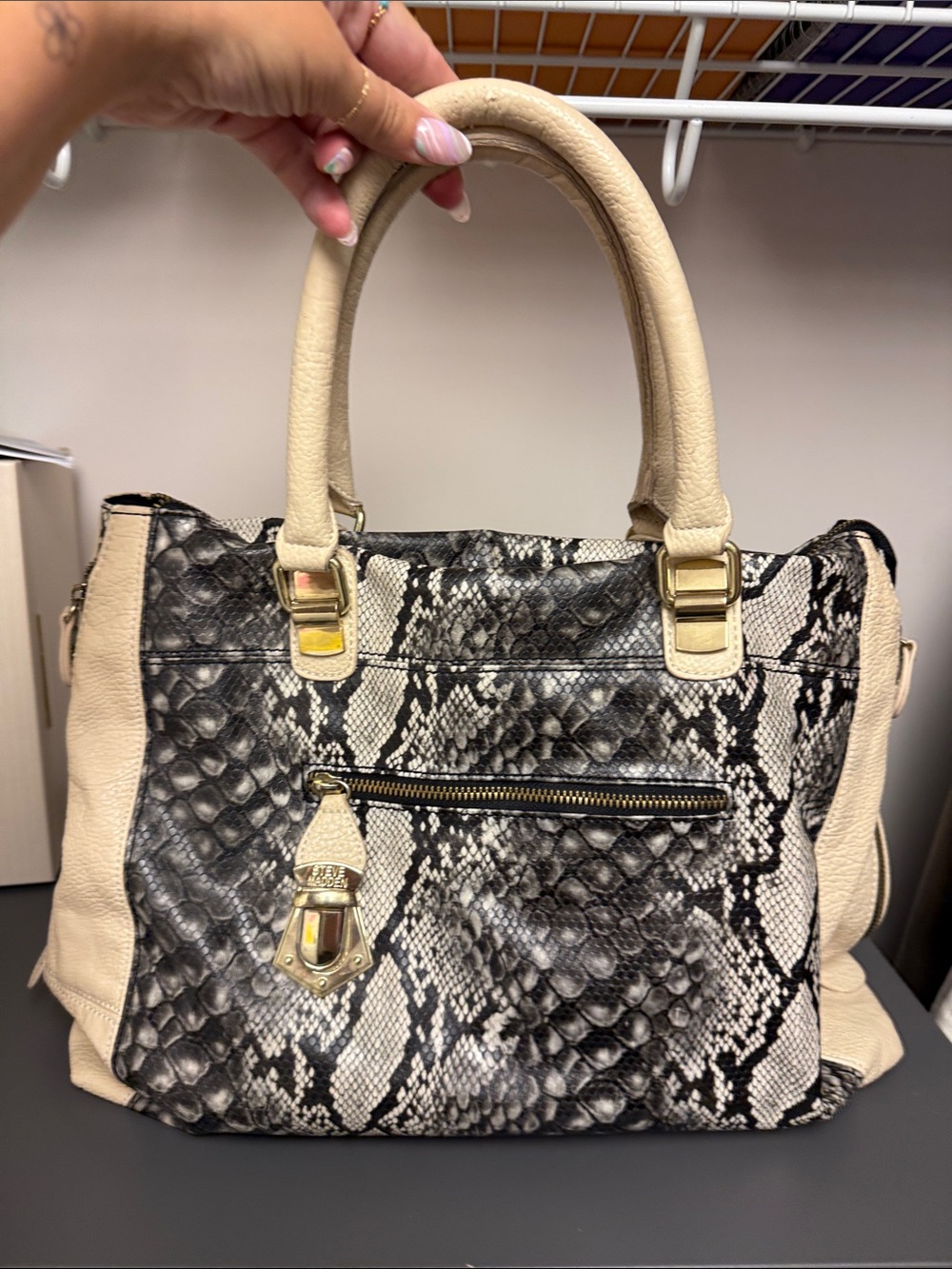 Steve Madden Beige and Black Snake-Print Satchel